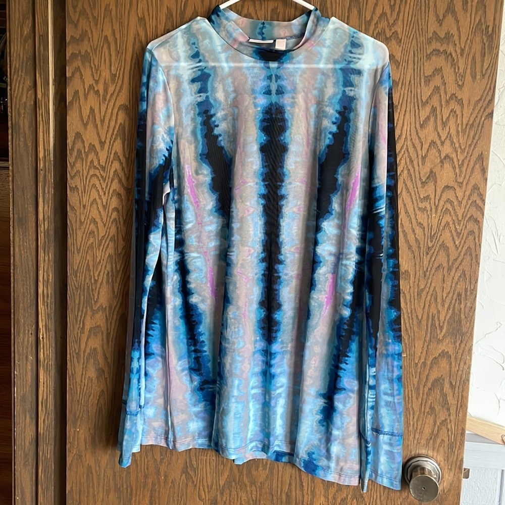 LOGO by Lori Goldstein Watercolor Long Sleeve Top - Blue Sheer Top